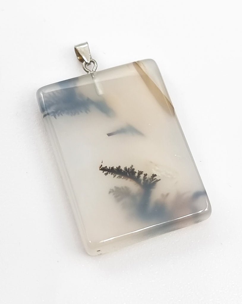 A beautiful, classy, rectangular natural Dendritic Landscape Agate pendant, featuring beautiful captured ferns, reflecting beautifully on both sides. Attached with a 925 Sterling Silver bail, it can be worn showcasing the inclusions on both sides.